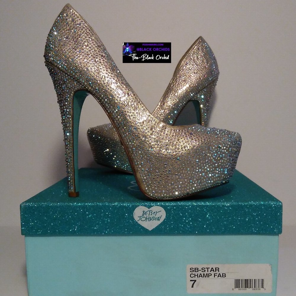 BETSEY JOHNSON 7 STAR SPARKLY RHINESTONE PLATFORM HEELS blue collection - Picture 14 of 16
